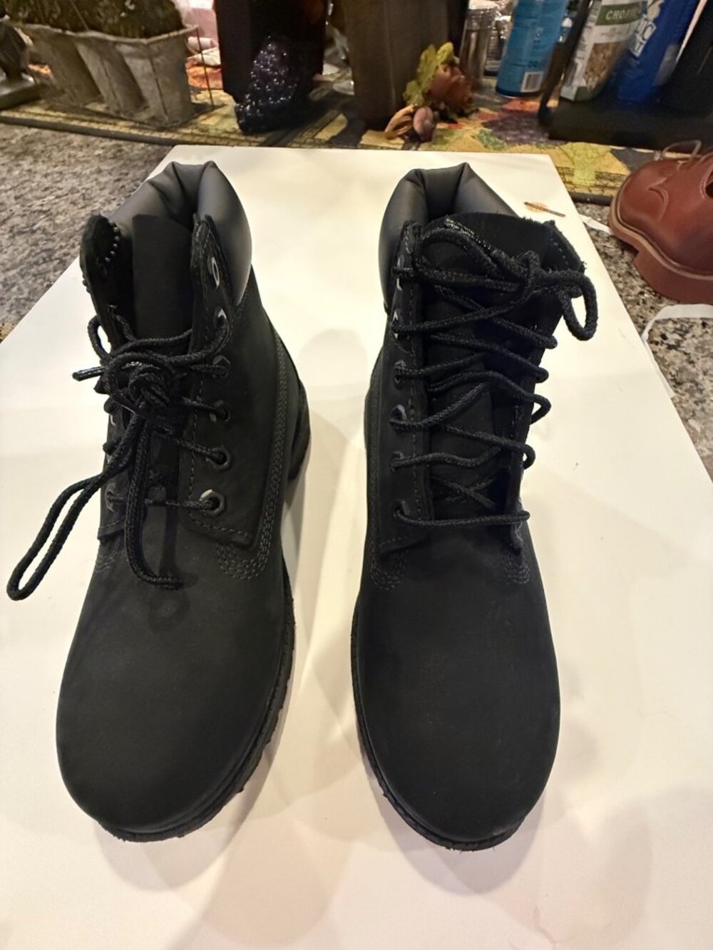 Timberland Mens Black Waterproof Leather Boots Size 2M Durable Work Shoes